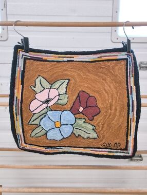 Hand-Hooked Floral Mat / Wall Hanging Art - Signed Artisan (1989)